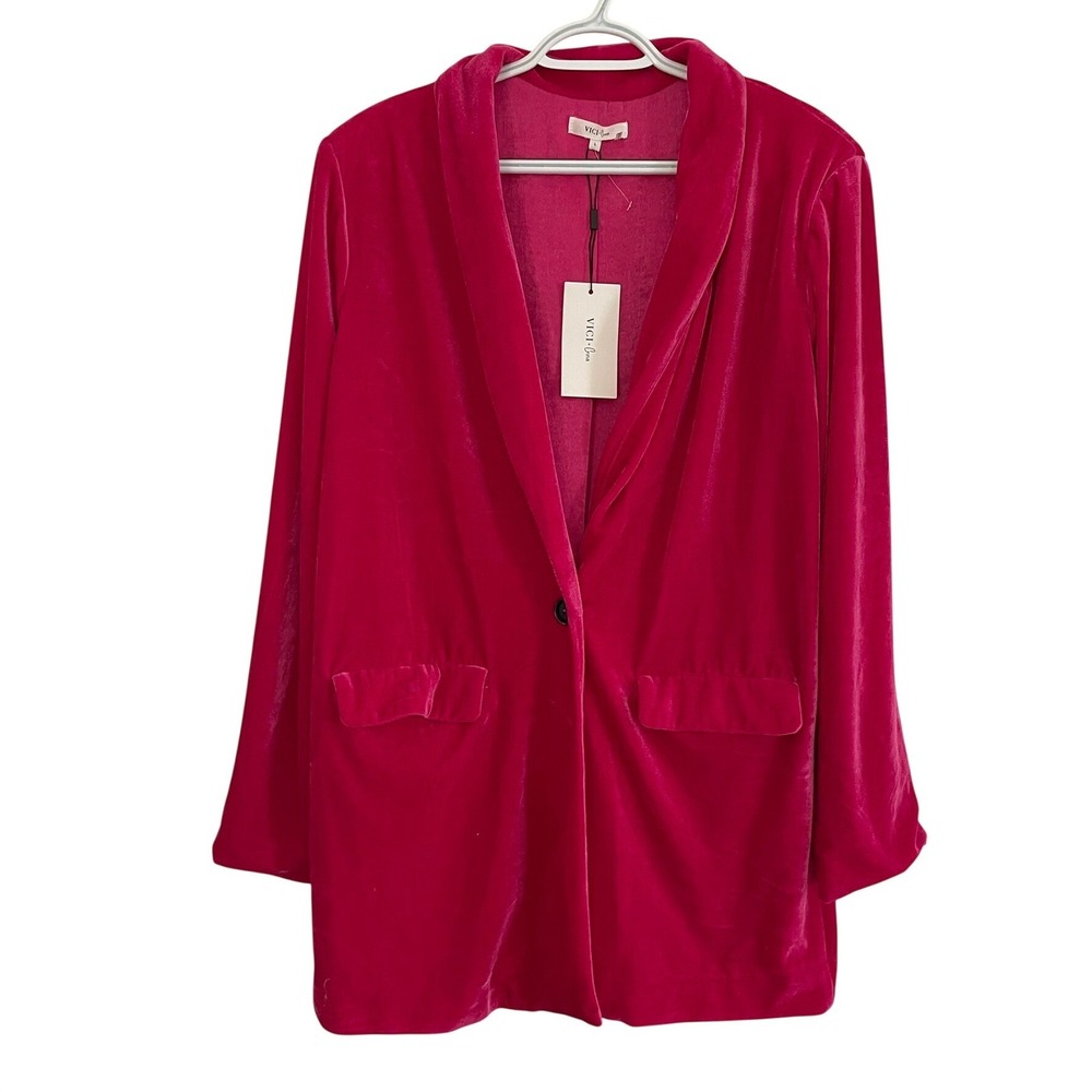 NEW VICI x Gina Chicest Pocketed Velvet Blazer Women L Fuchsia Pink Shawl Collar